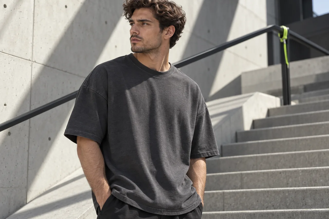 A conceptual charcoal drop-shoulder T-shirt on a wearer shows the relationship between broad shoulders, sleeve coverage and body length