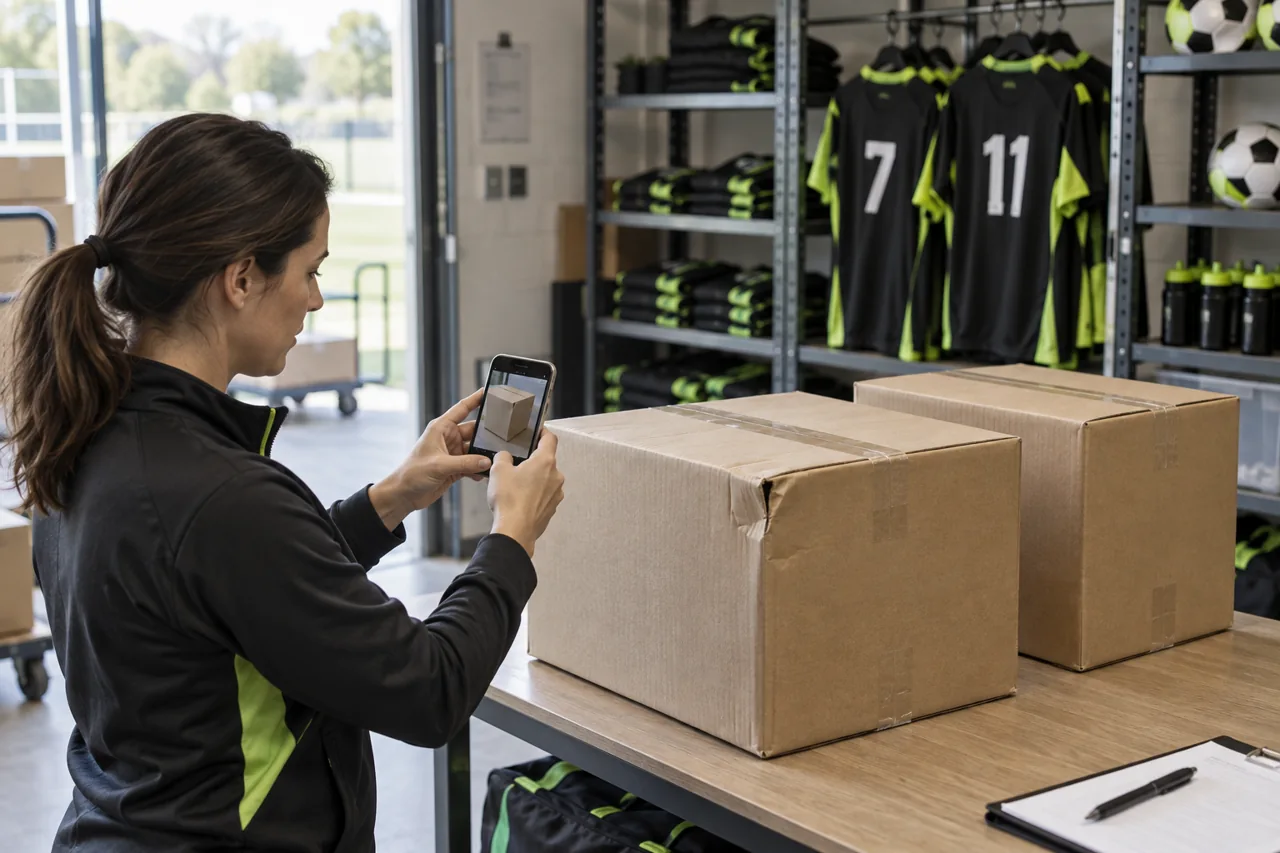 A club administrator photographs the condition of a delivered carton beside another intact box.