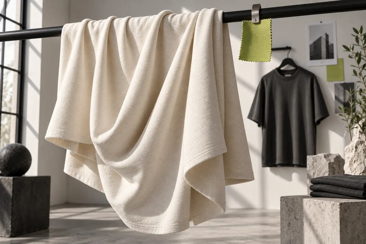 Conceptual cream jersey fabric suspended in folds in a charcoal and lime studio