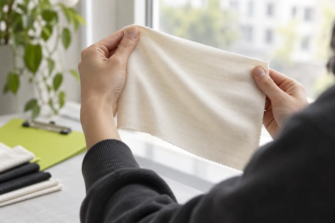 Conceptual buyer holding a pale jersey swatch near daylight to review its appearance