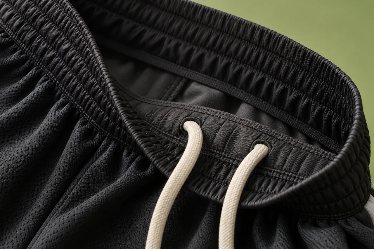 Close detail of an elastic waistband with an internal drawcord channel and parallel stitching