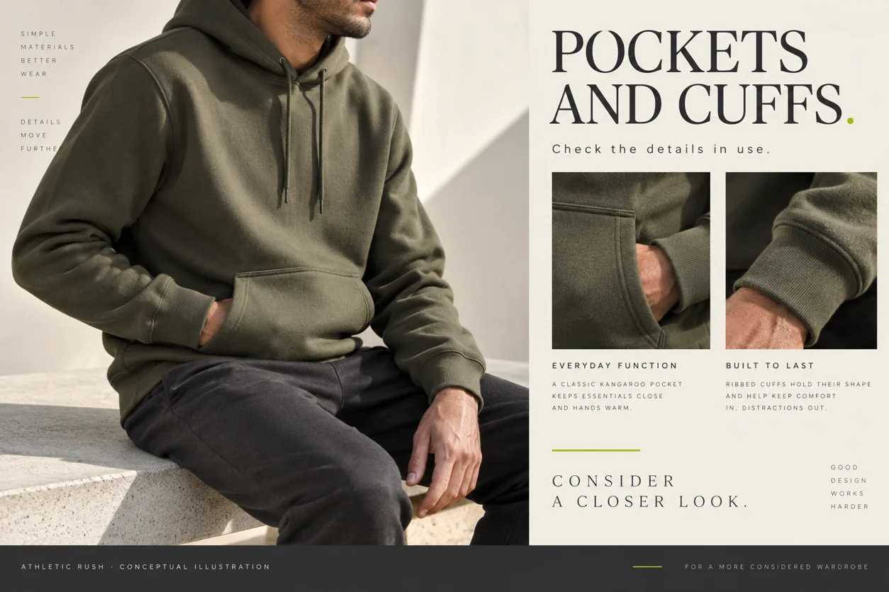 Conceptual adult wearer checking a hoodie pocket while seated, with the rib cuff visible
