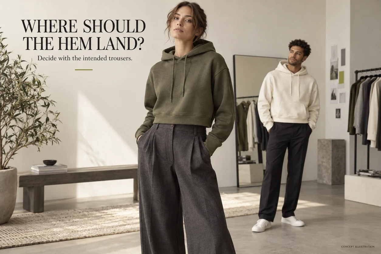 Conceptual adult wearers comparing cropped hoodie hems with their intended trouser waistbands