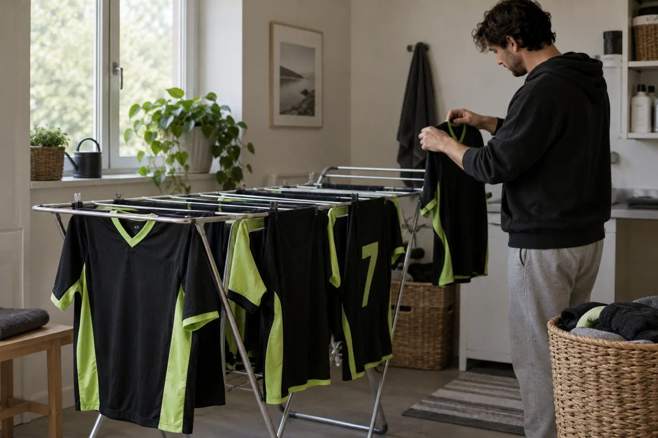 Team jerseys hang with space between them on a drying rack in a shaded utility room.