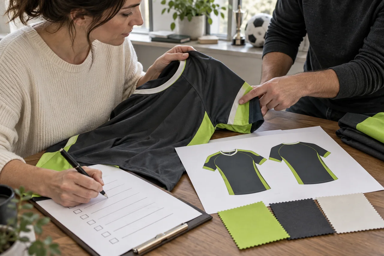 A coordinator compares a physical jersey with its matching artwork and colour swatches before approval.