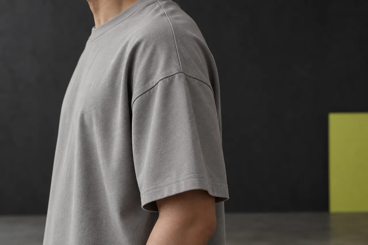 A close conceptual view of a grey tee shows the sleeve joining seam below the natural shoulder and the fabric hanging over the upper arm