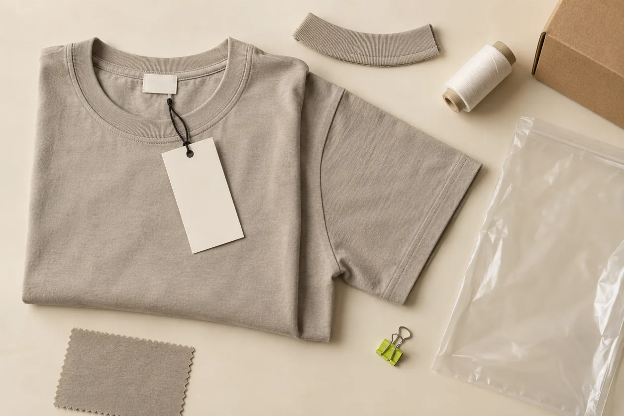 A stone T-shirt is arranged with blank labels, a hangtag, thread, a rib sample and packing materials