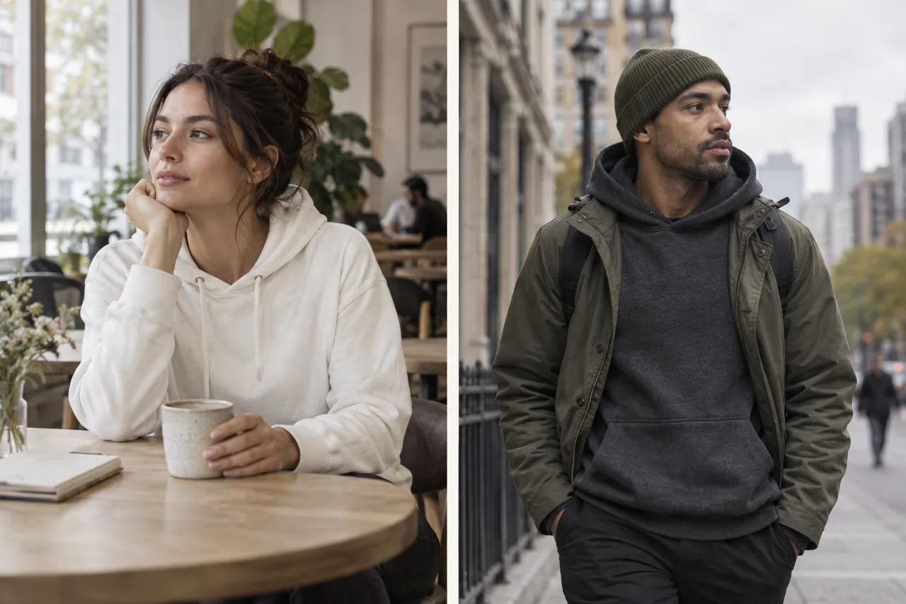 Conceptual comparison of indoor hoodie use and an outdoor layered outfit