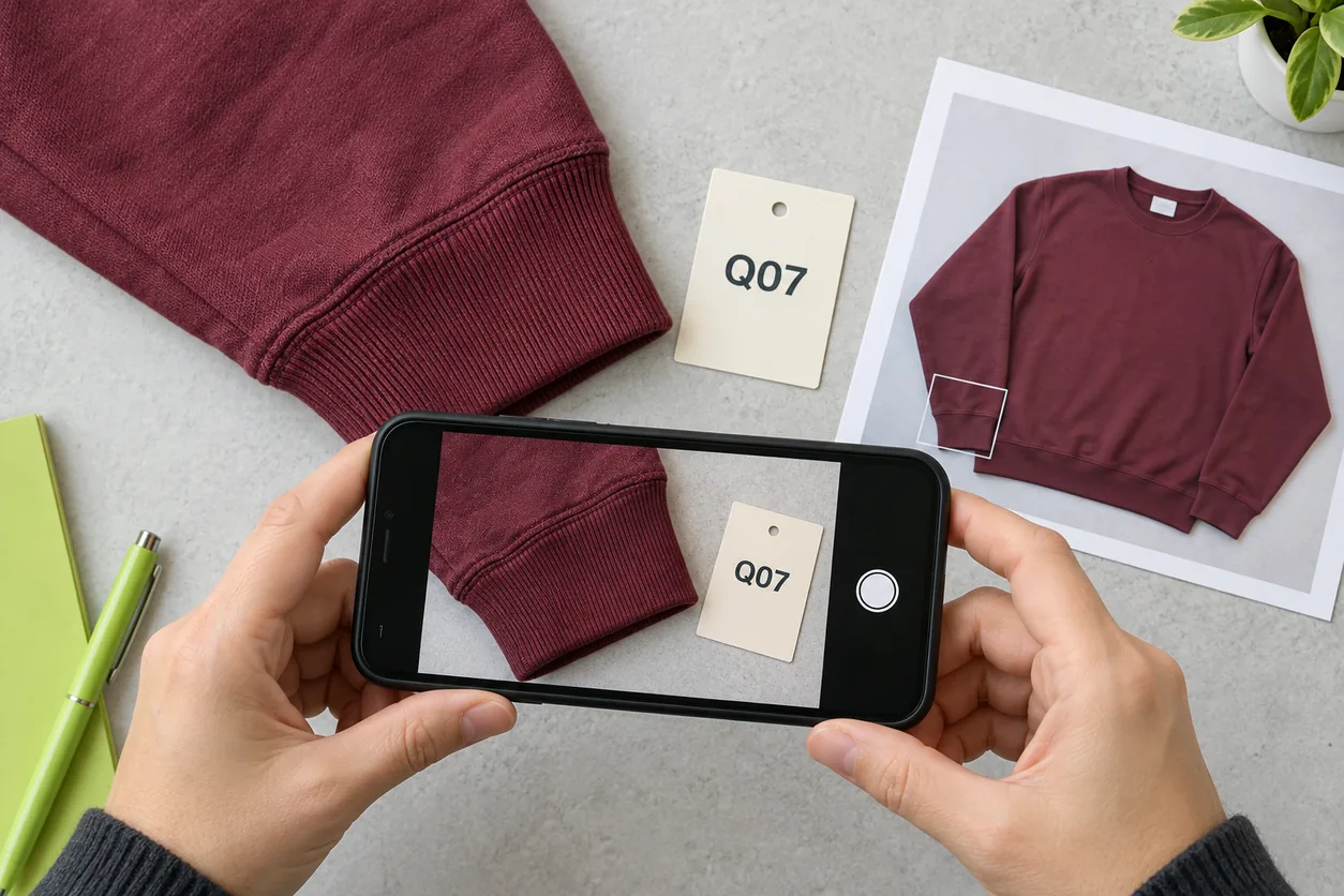 Hands frame a fictional cuff concern and Q07 identifier in a phone camera beside an overview print