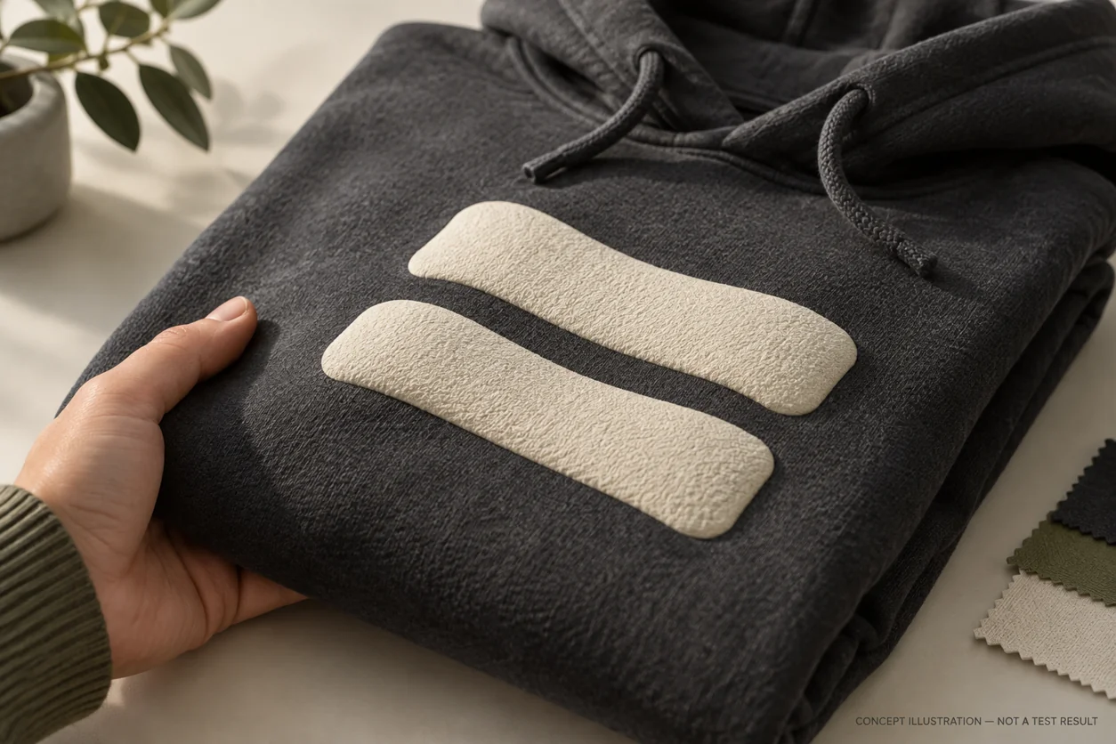 Concept close-up of raised cream print on a charcoal hoodie under side lighting