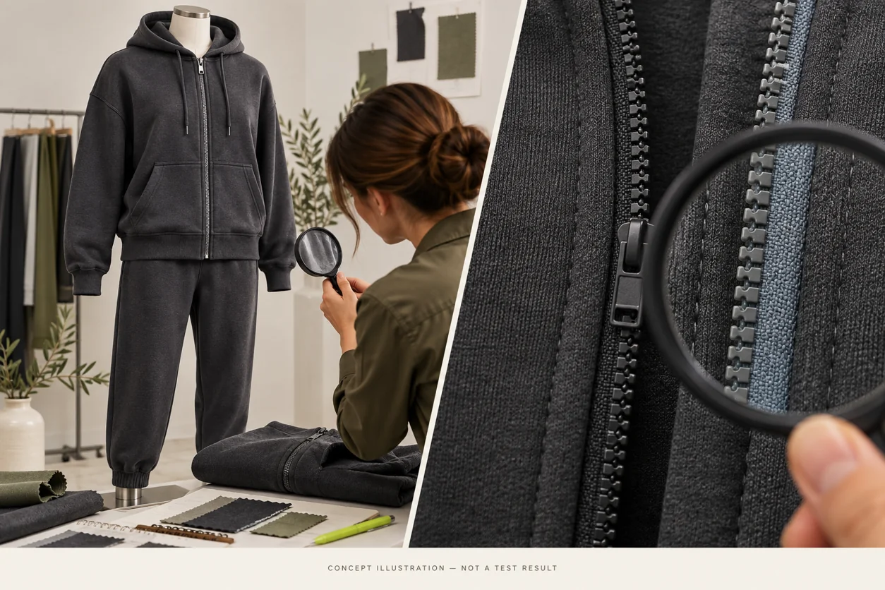 Concept assembled hoodie and jogger review with a close-up of zipper tape beside body fabric