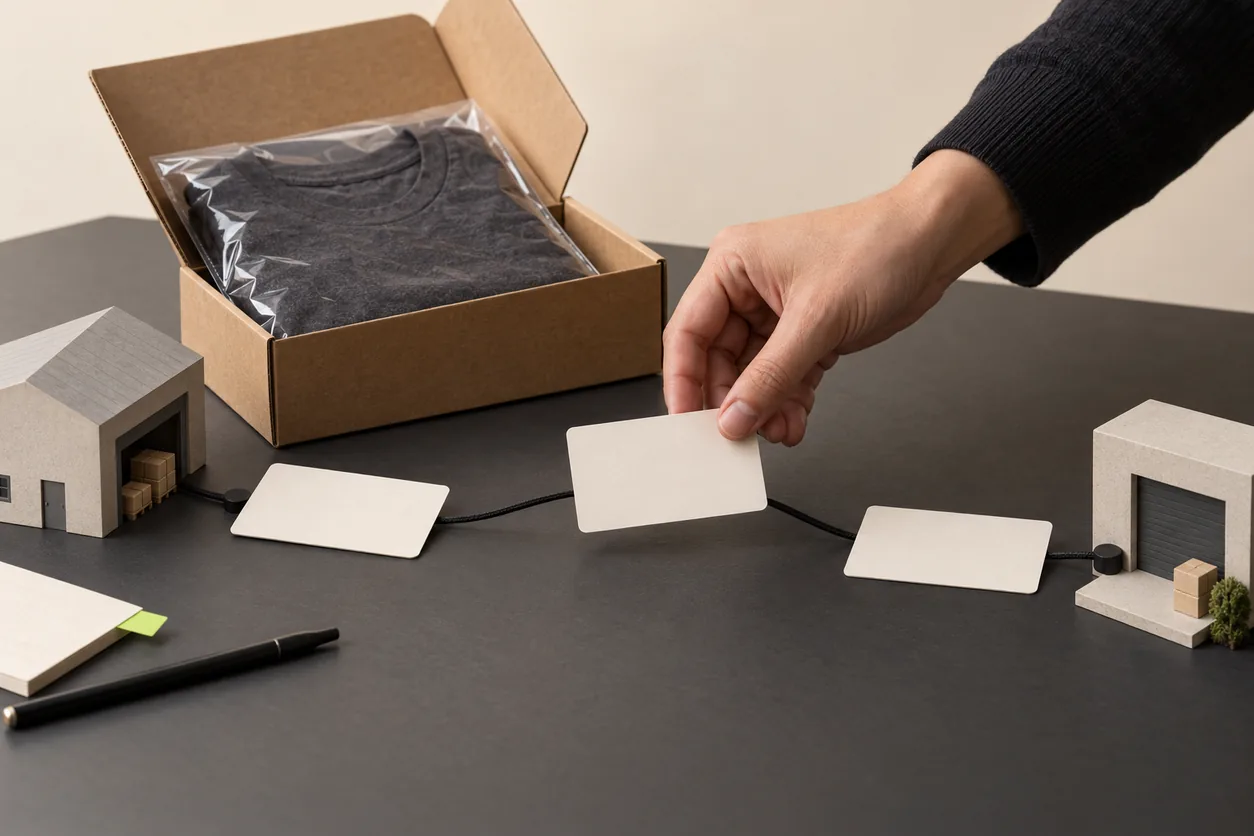 A hand reviews blank responsibility cards between a packed tee and two small warehouse props
