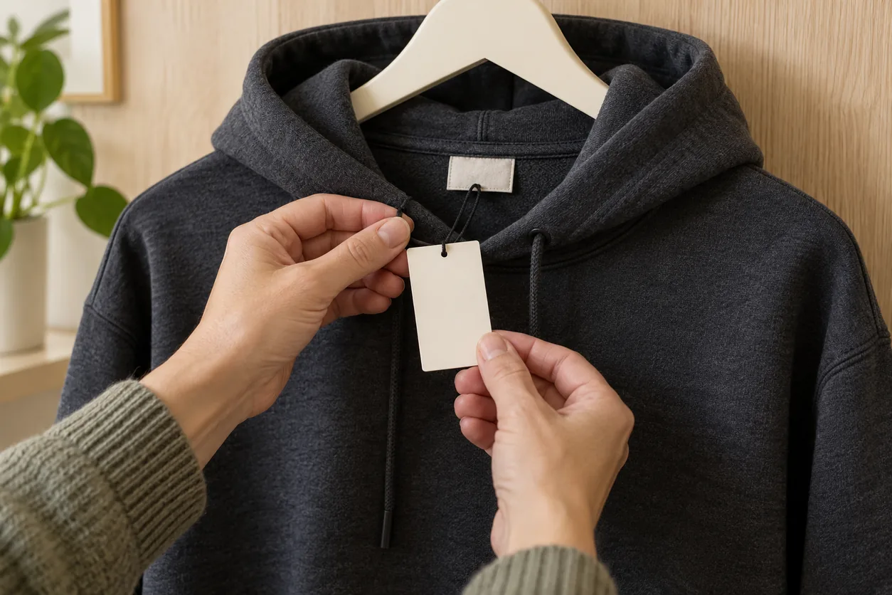 Hands review a removable paper tag and string near the neck label of a charcoal hoodie
