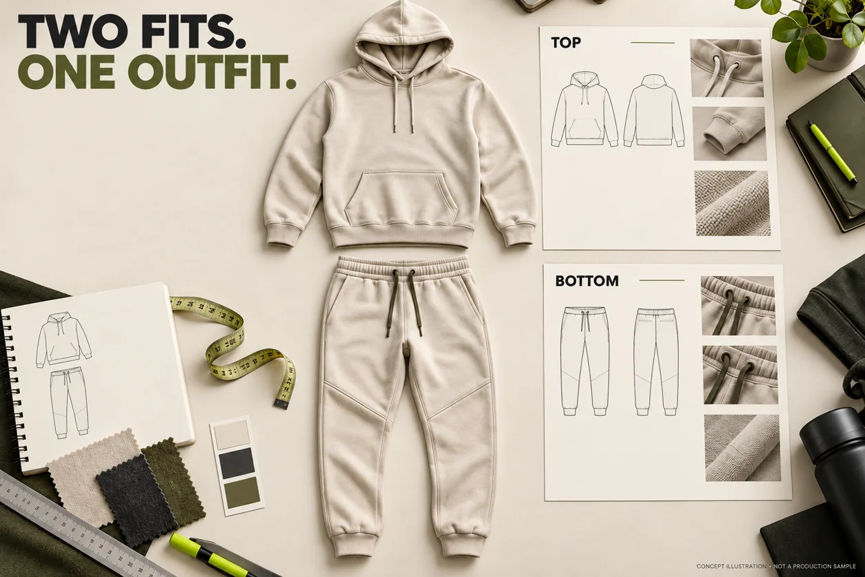 Concept flatlay showing a hoodie and joggers with separate top and bottom specification cards