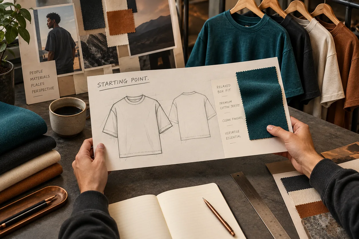 A front-and-back tee concept drawing is kept separate from fabric swatches and a physical garment