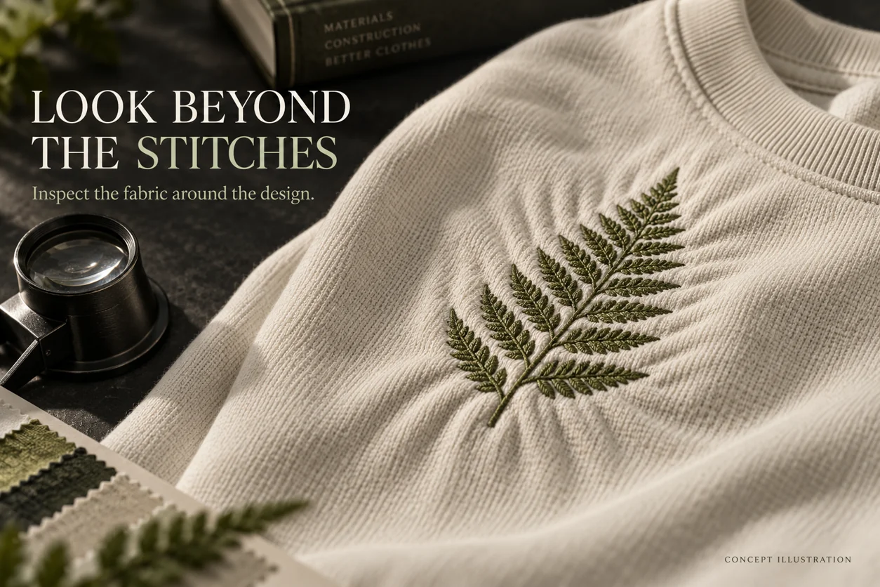 Conceptual close-up of ripples beside botanical practice embroidery on cream sweatshirt fabric