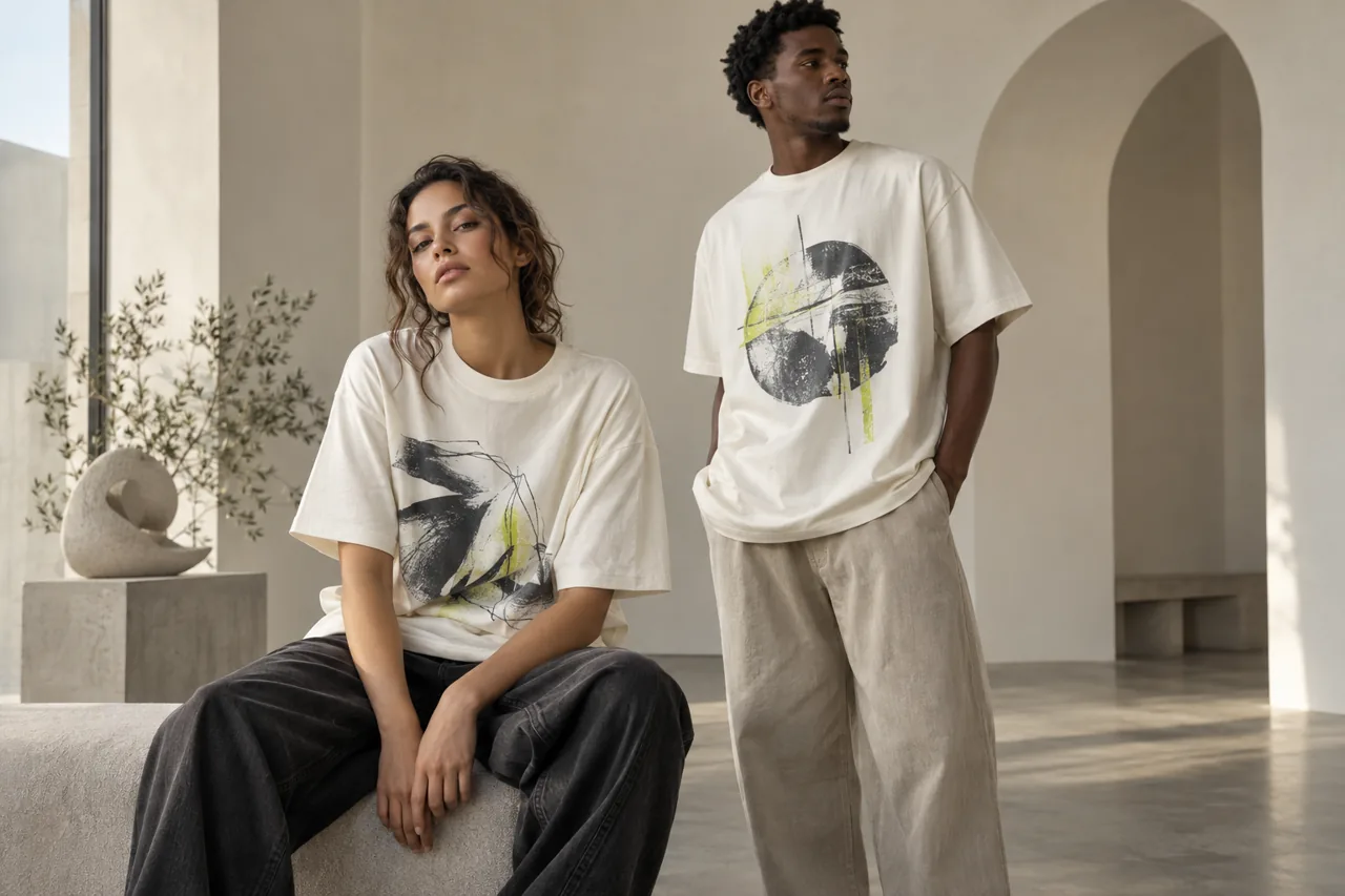 Conceptual standing and seated fit review of oversized graphic T-shirts