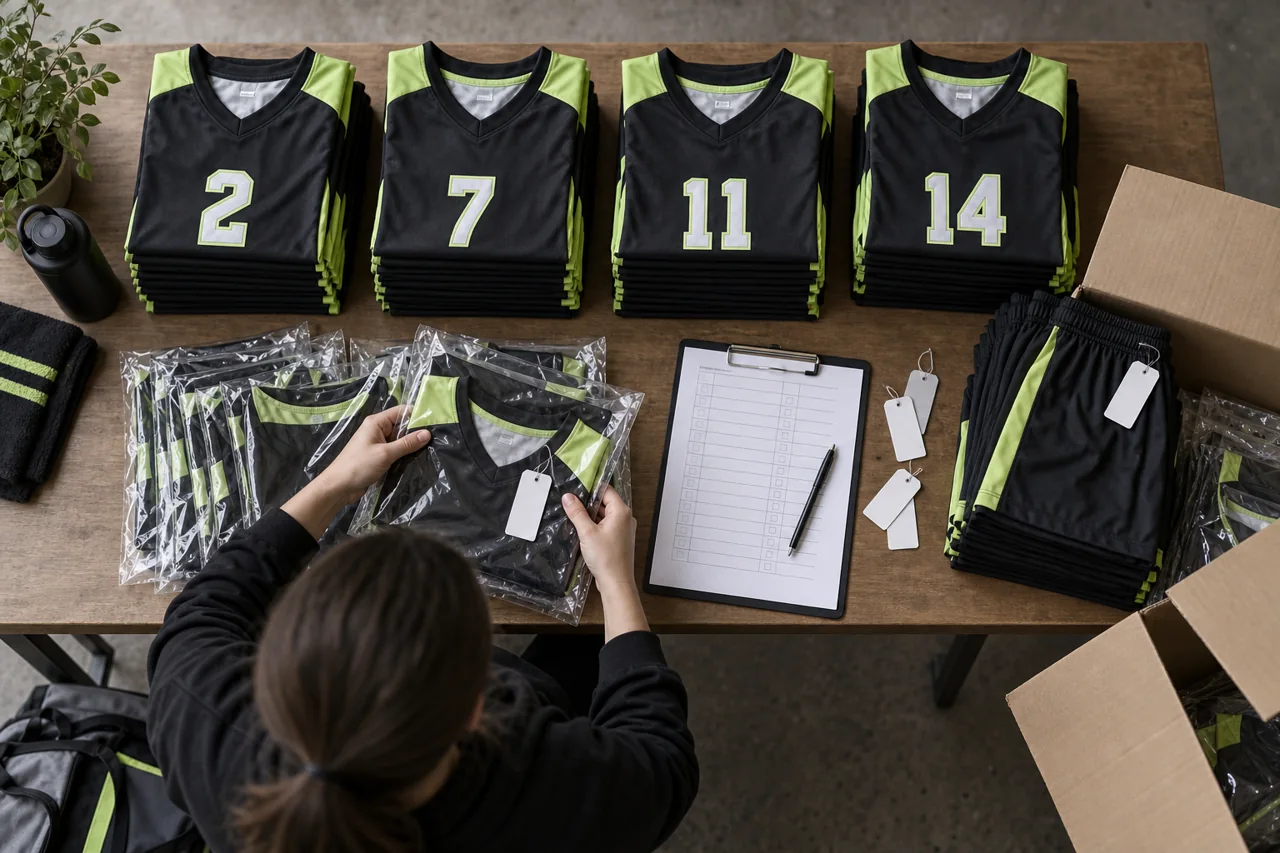 A person counts separate stacks of team jerseys and shorts against a tally sheet on a club table.