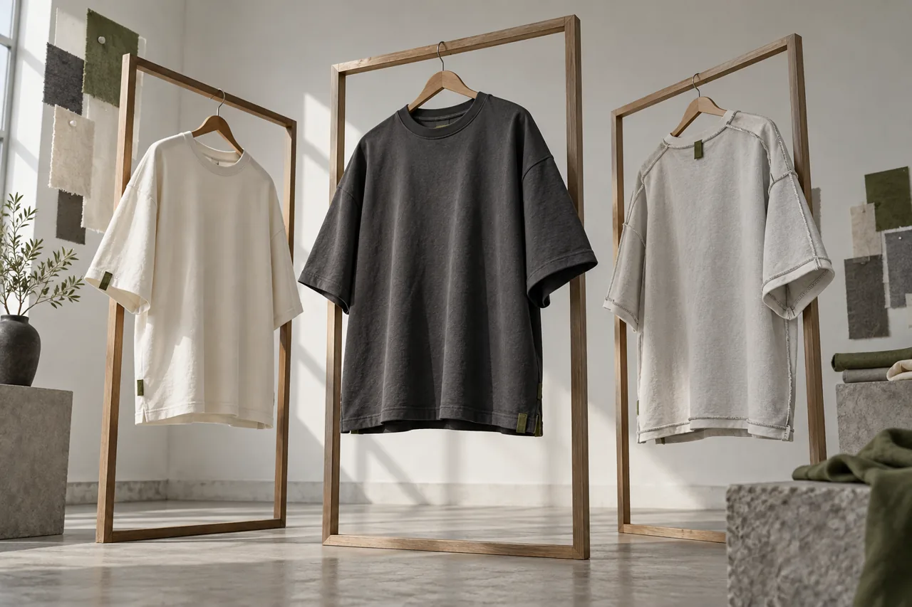 Conceptual display of three T-shirt development samples on separate frames