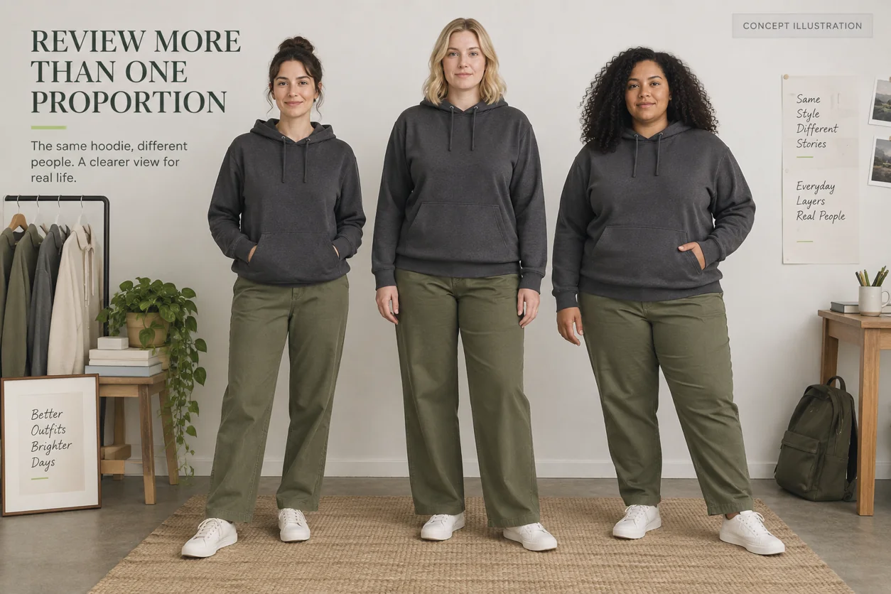 Conceptual fit review involving adult women with varied proportions wearing the same relaxed hoodie direction