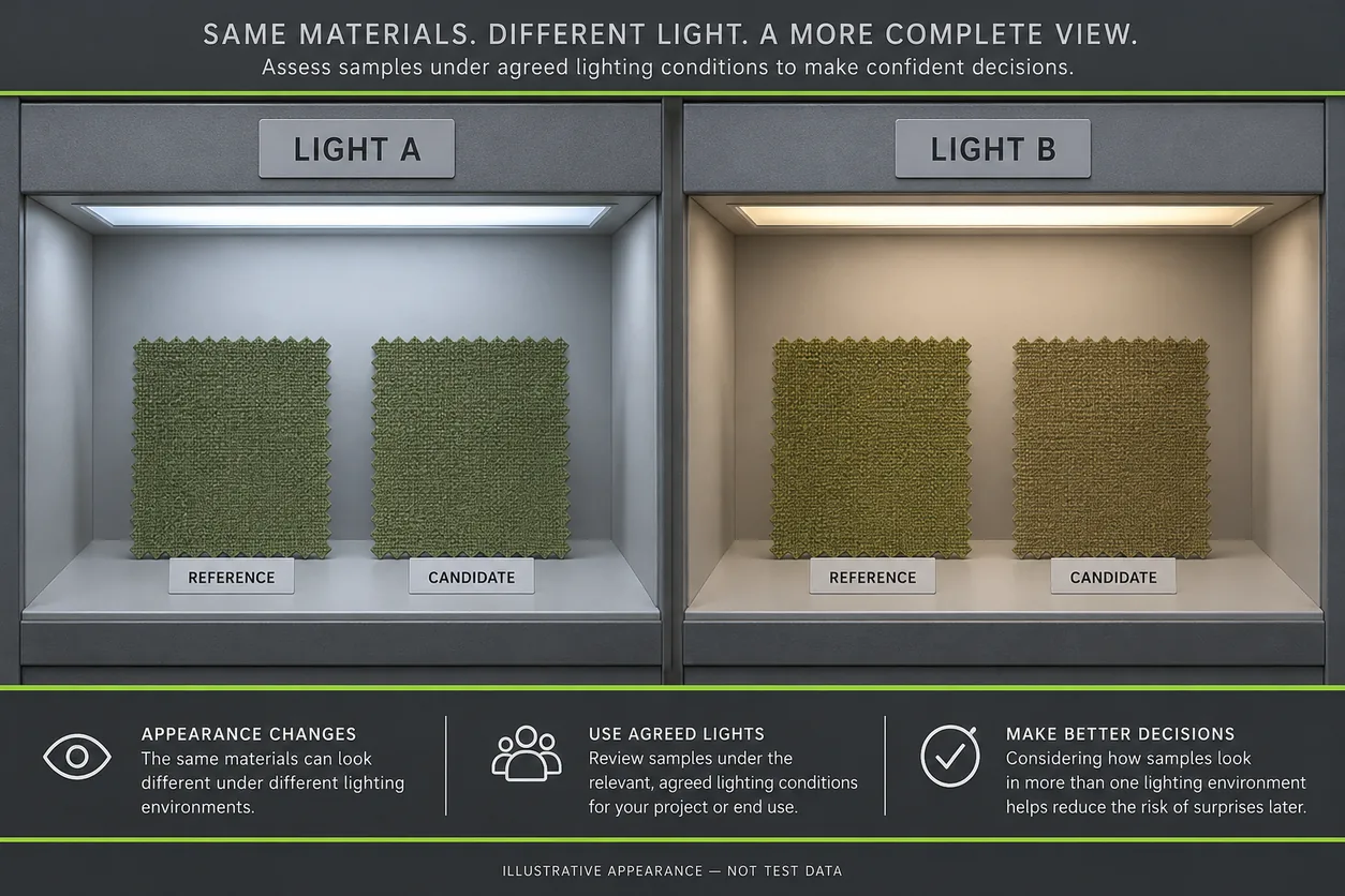 Illustrative reference and candidate textile pairs viewed under two different lighting environments