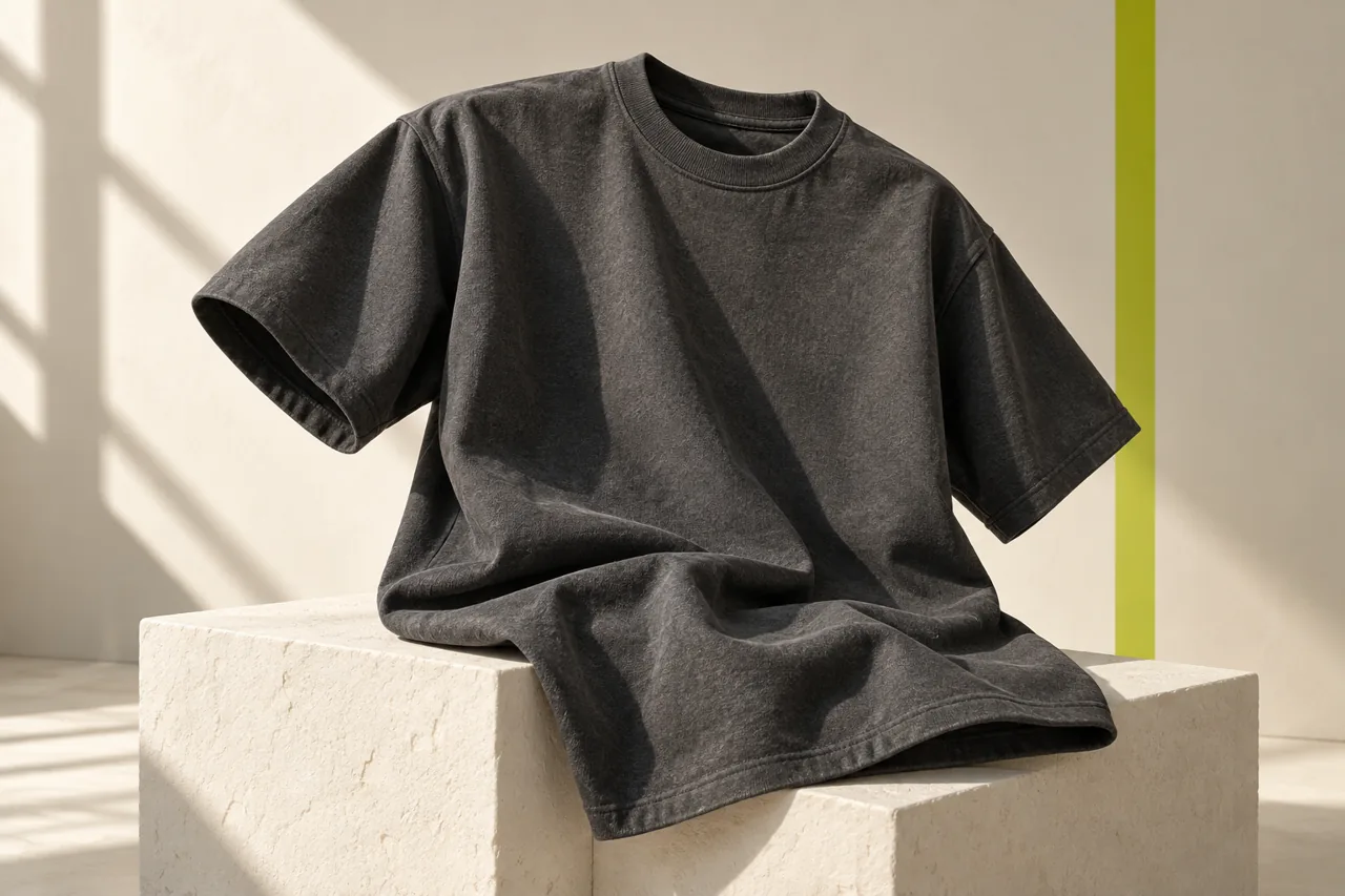 A substantial charcoal T-shirt concept shows defined sleeves and dense jersey folds on an ivory plinth