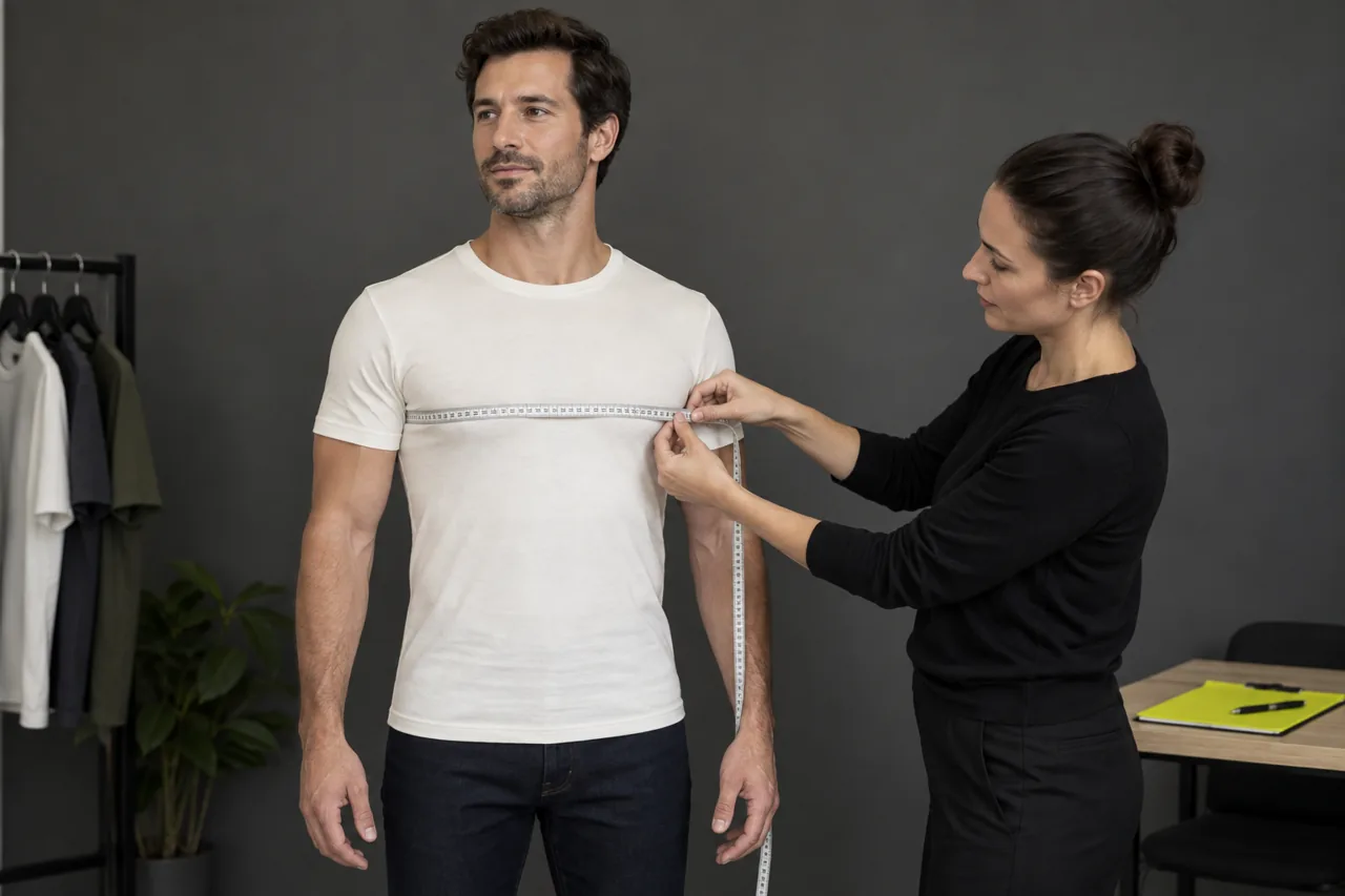A conceptual fit-session image shows a technician taking a chest measurement on a wearer rather than measuring a flat garment