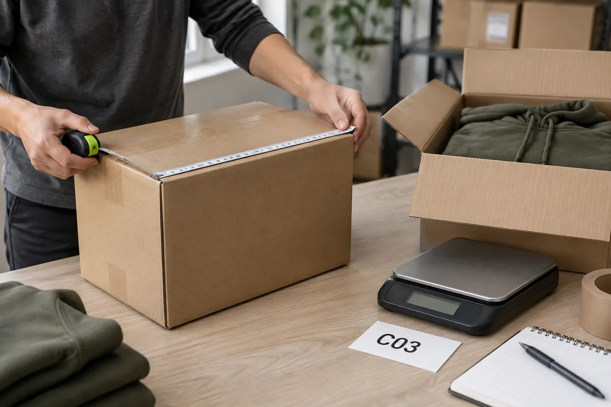 Hands measure a closed kraft carton beside an open hoodie carton, a blank scale display and a C03 reference card