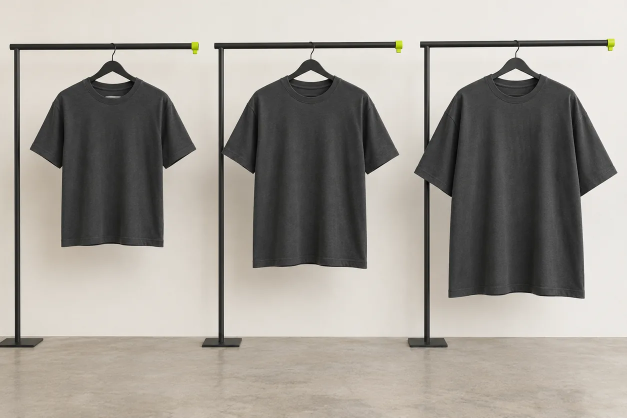 Three blank charcoal T-shirt proposals with different widths and lengths hang from separate rails