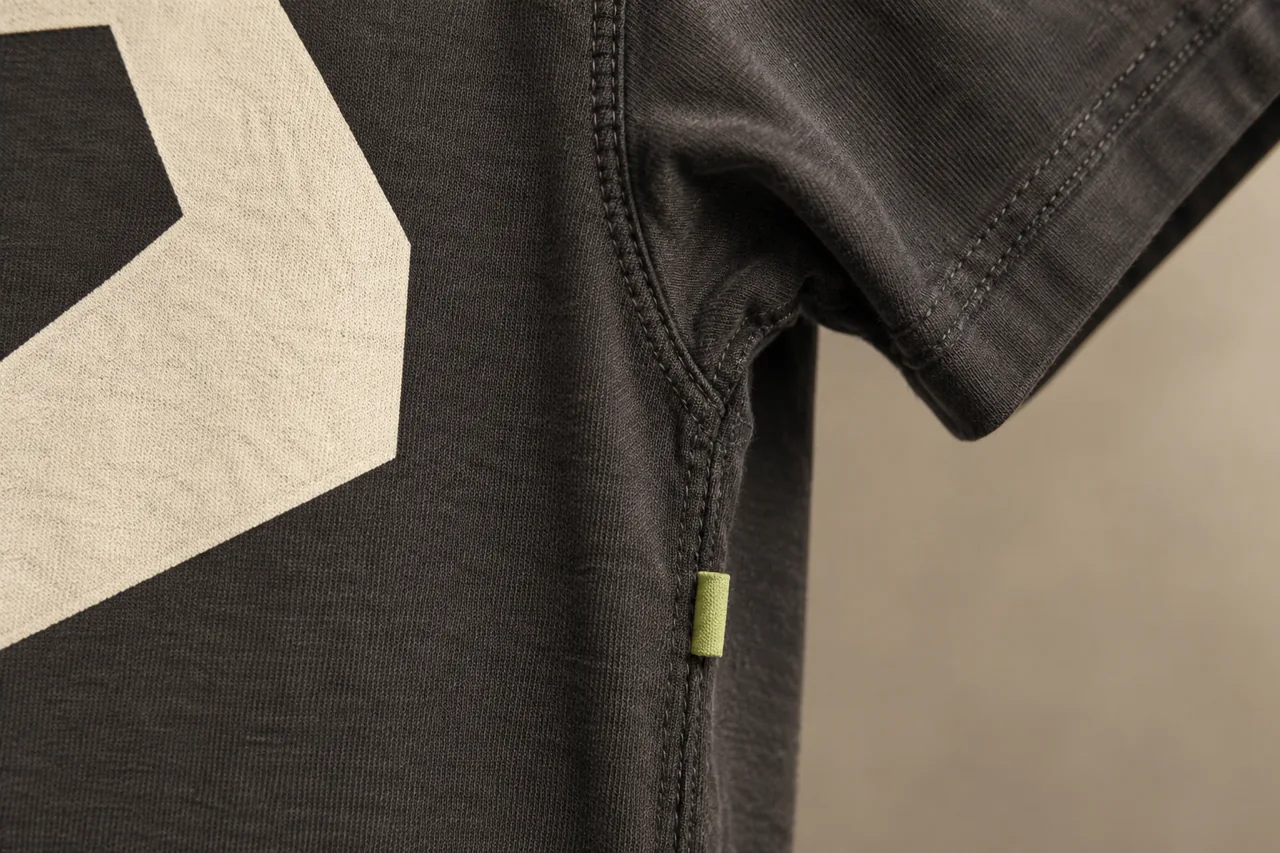 Conceptual close view of a graphic edge positioned near a T-shirt side seam
