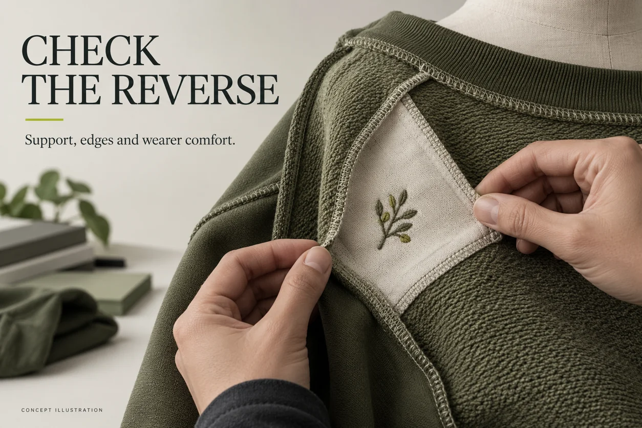 Concept illustration of the reverse of an embroidered sweatshirt showing backing and finished edges