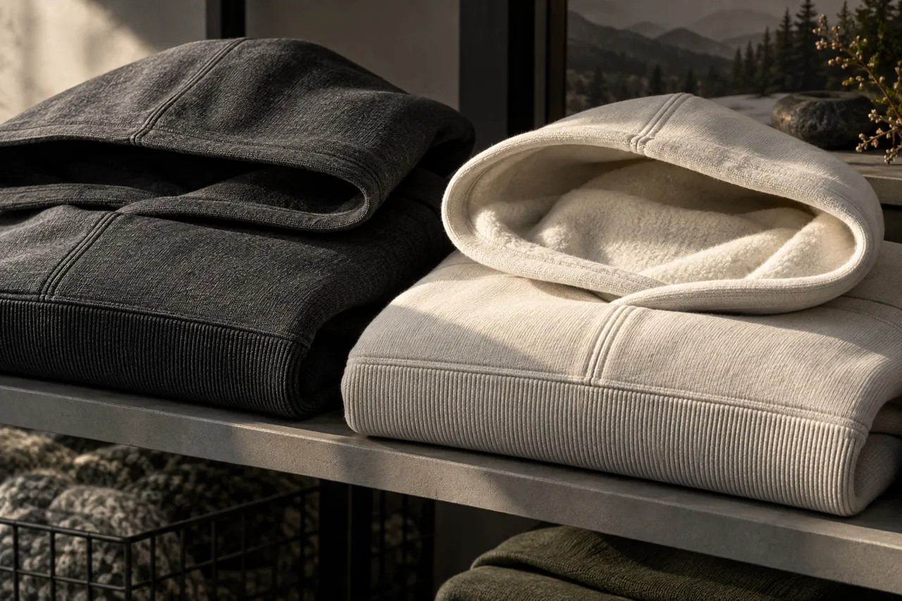Conceptual close view of hoodie hood layers, folded fabric edges and rib finishing