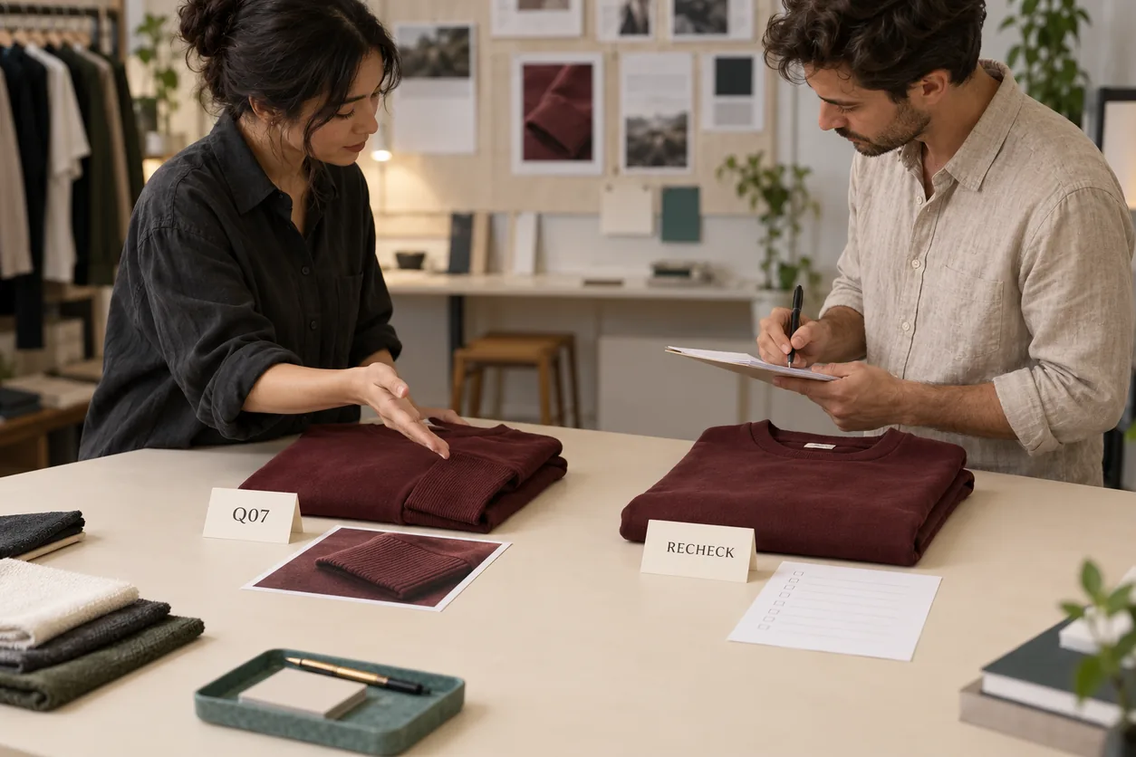 Two adults compare a fictional original concern and a separately identified recheck proposal at a studio table