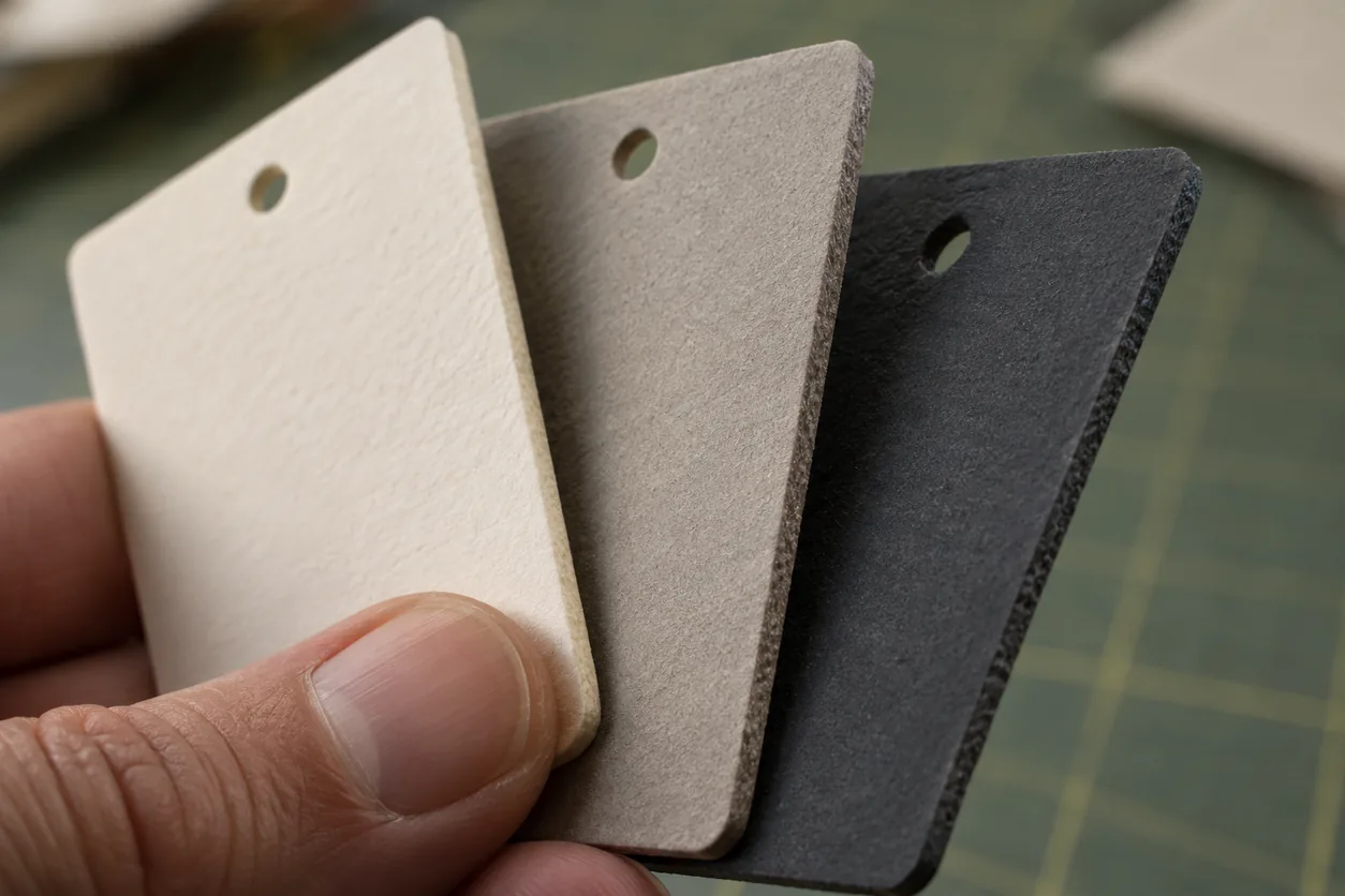 Fingers compare three unprinted hangtag card proposals with different visible surfaces and edges