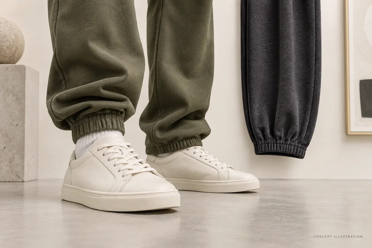 A close conceptual view of jogger cuff position and fabric gathering beside sneakers