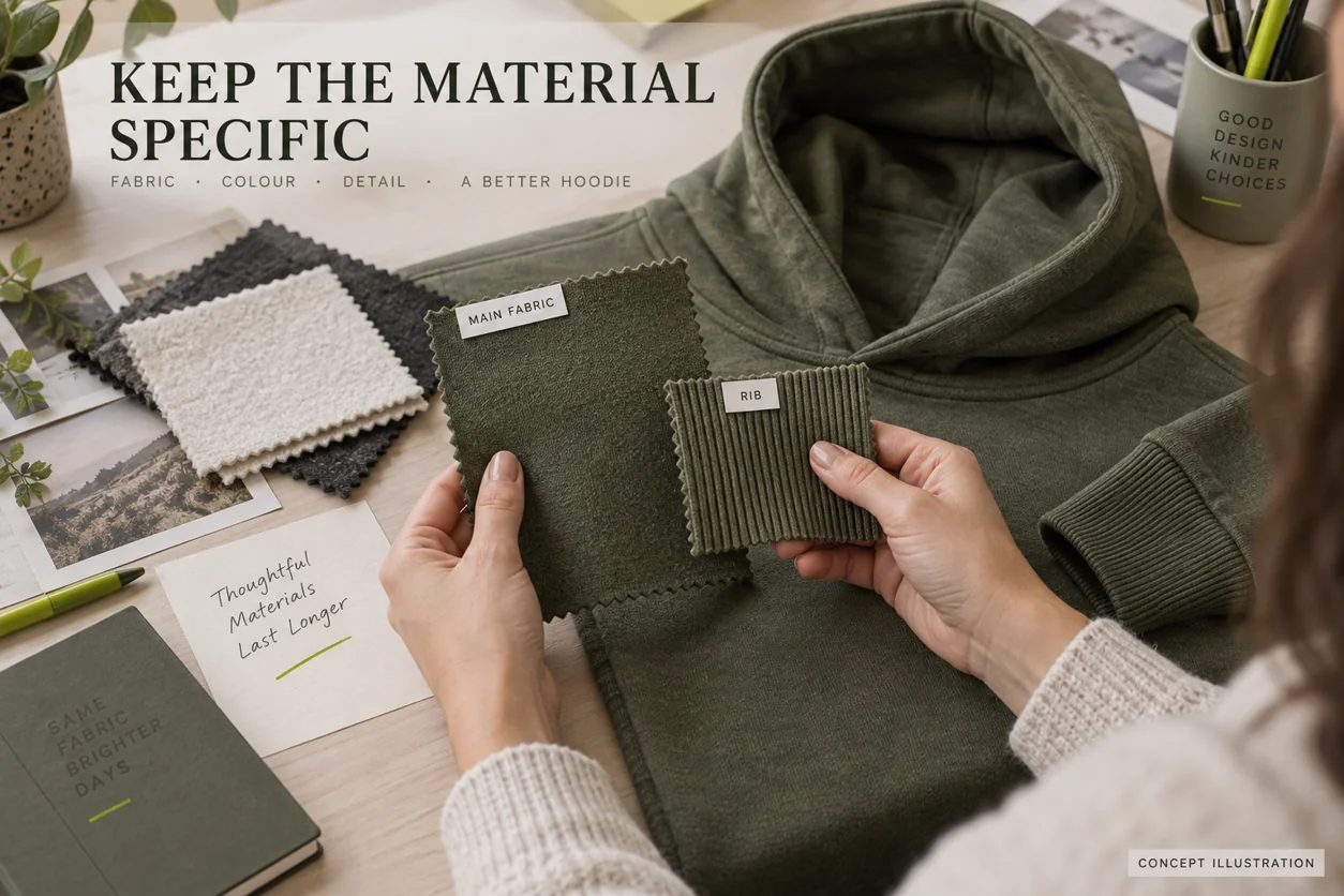 Conceptual main hoodie fabric and rib swatches identified alongside the hood and sleeve assembly