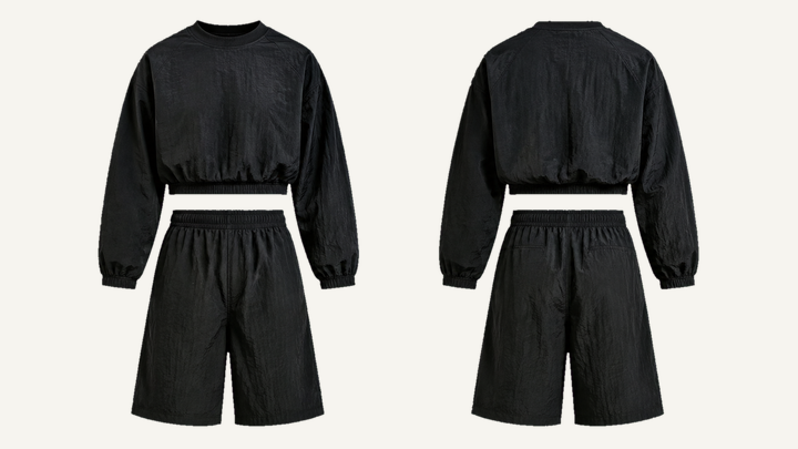 Crewneck and Shorts Set — True Black Technical Crinkle Rinse, original colour preview