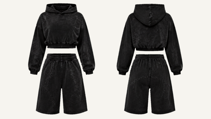 Cropped Hoodie and Shorts Set — True Black Tonal Mineral Wash, original colour preview