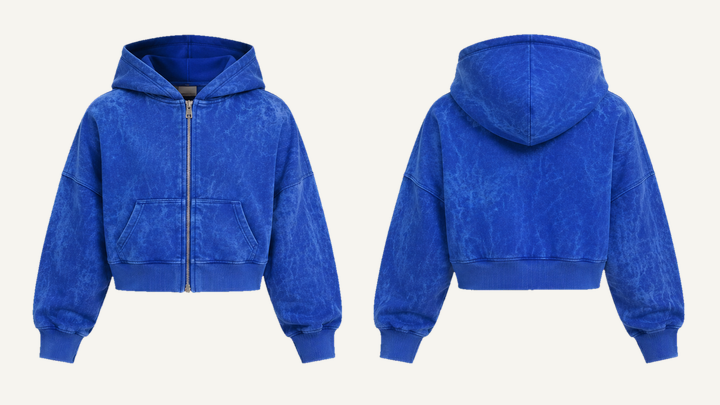 Cropped Zip Hoodie — Cobalt HSL Master Tonal Crinkle Dye, original colour preview