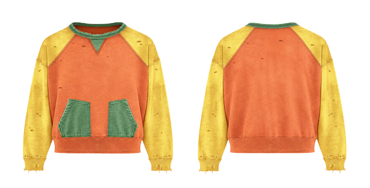 Distressed color-block crewneck rhinestone product front and back preview