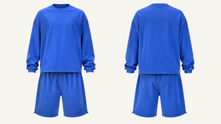 Long-sleeve T-Shirt and Shorts Set — Cobalt HSL Master Matte Panel Wash, original colour preview
