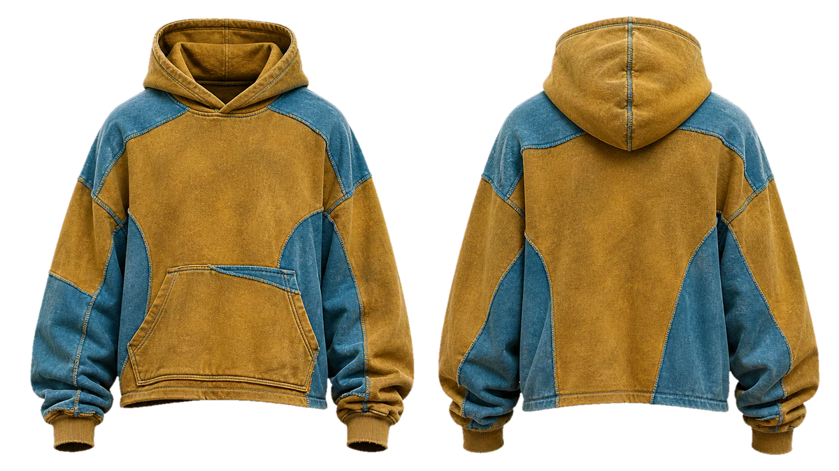 Ochre Aqua Patchwork cut-and-sew hoodie, original colour preview