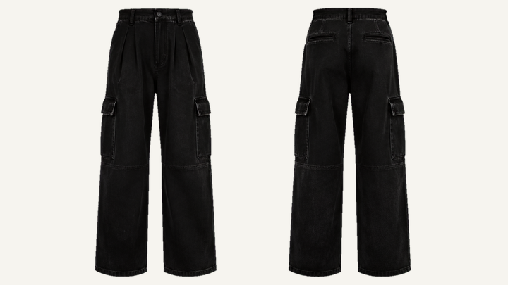 Pleated Wide Trousers — True Black Stone Wash, original colour preview