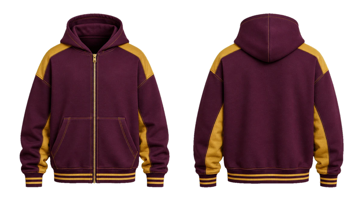 Plum Gold Varsity cut-and-sew hoodie, original colour preview