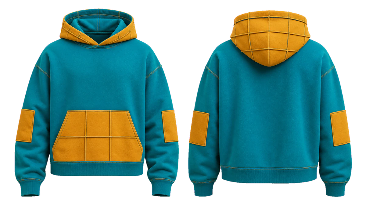 Turquoise Mustard Grid cut-and-sew hoodie, original colour preview
