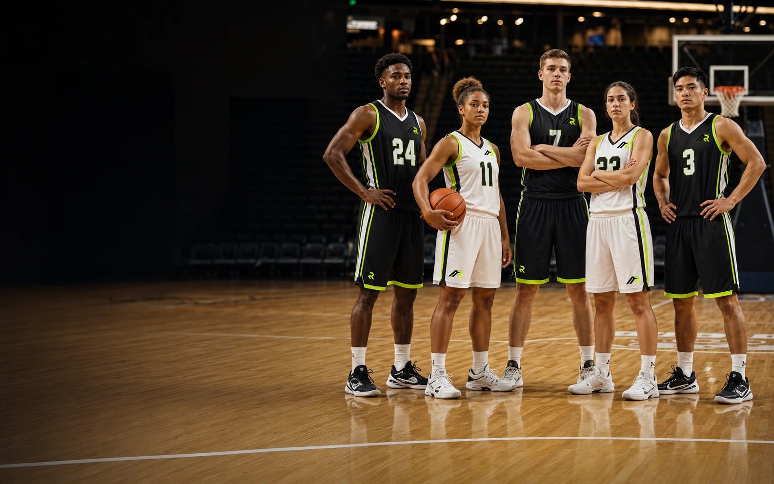 Basketball players wearing coordinated custom Athletic Rush uniforms on an indoor court