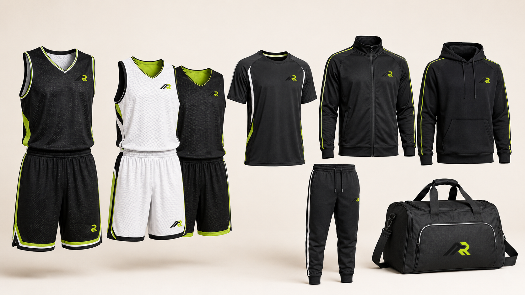 Complete uncropped custom basketball club apparel range
