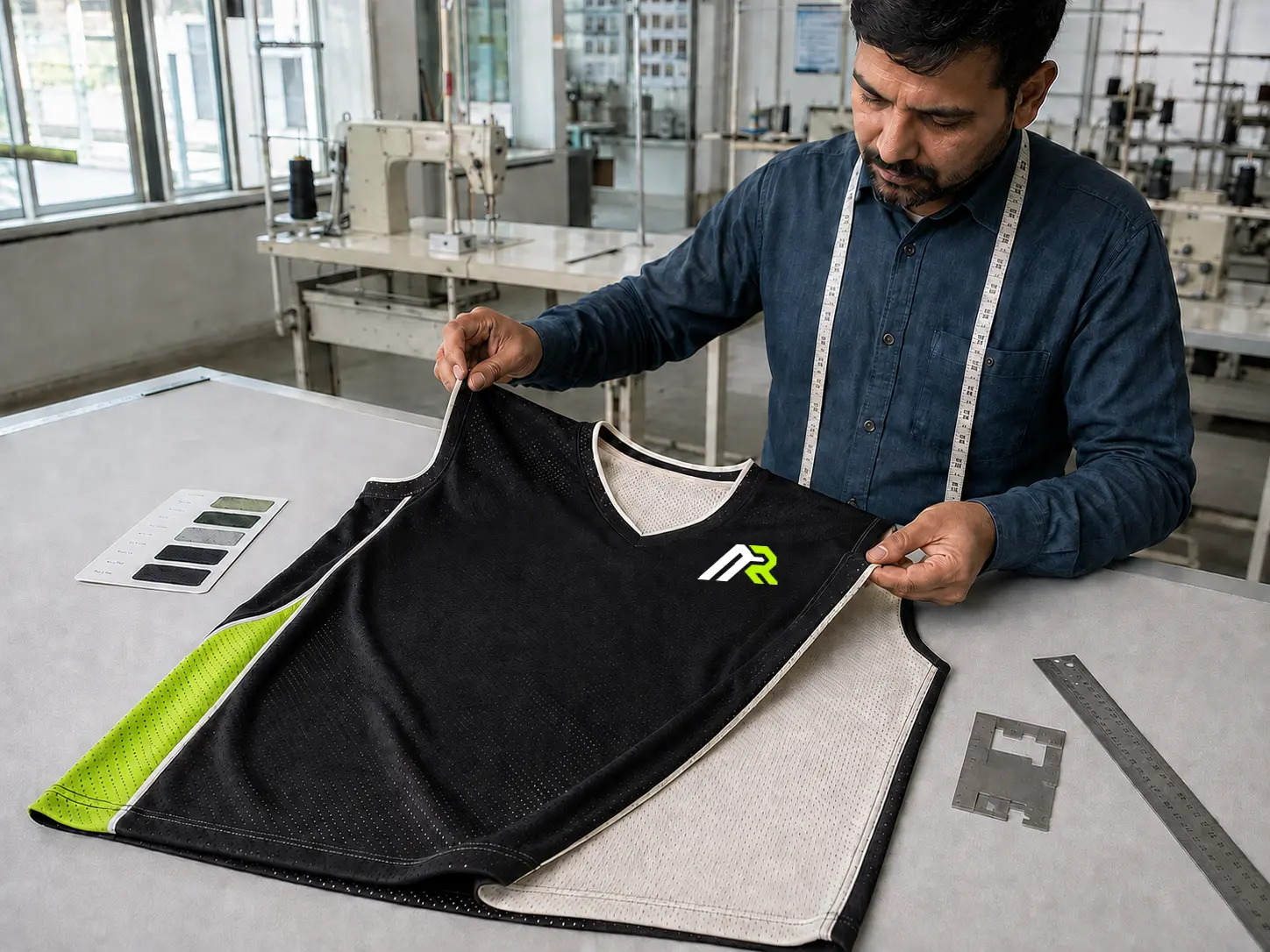 Athletic Rush technician inspecting a reversible mesh basketball jersey, bound armholes and reinforced seams
