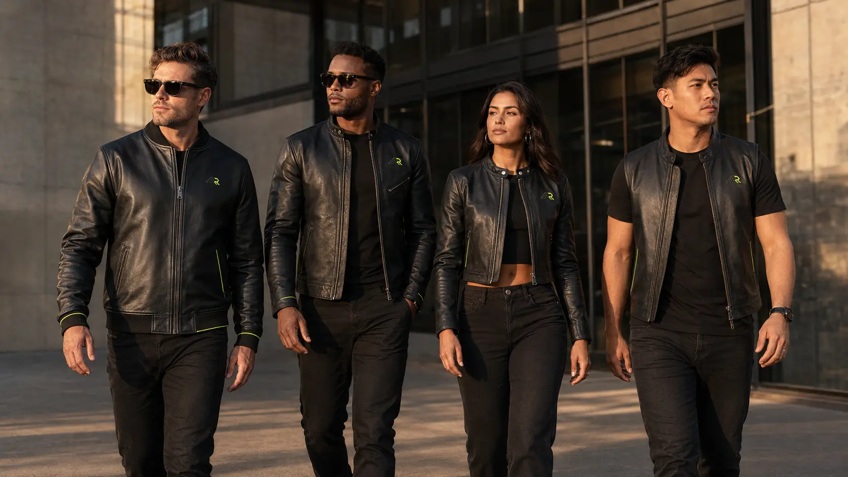 Athletic Rush models wearing custom black leather apparel